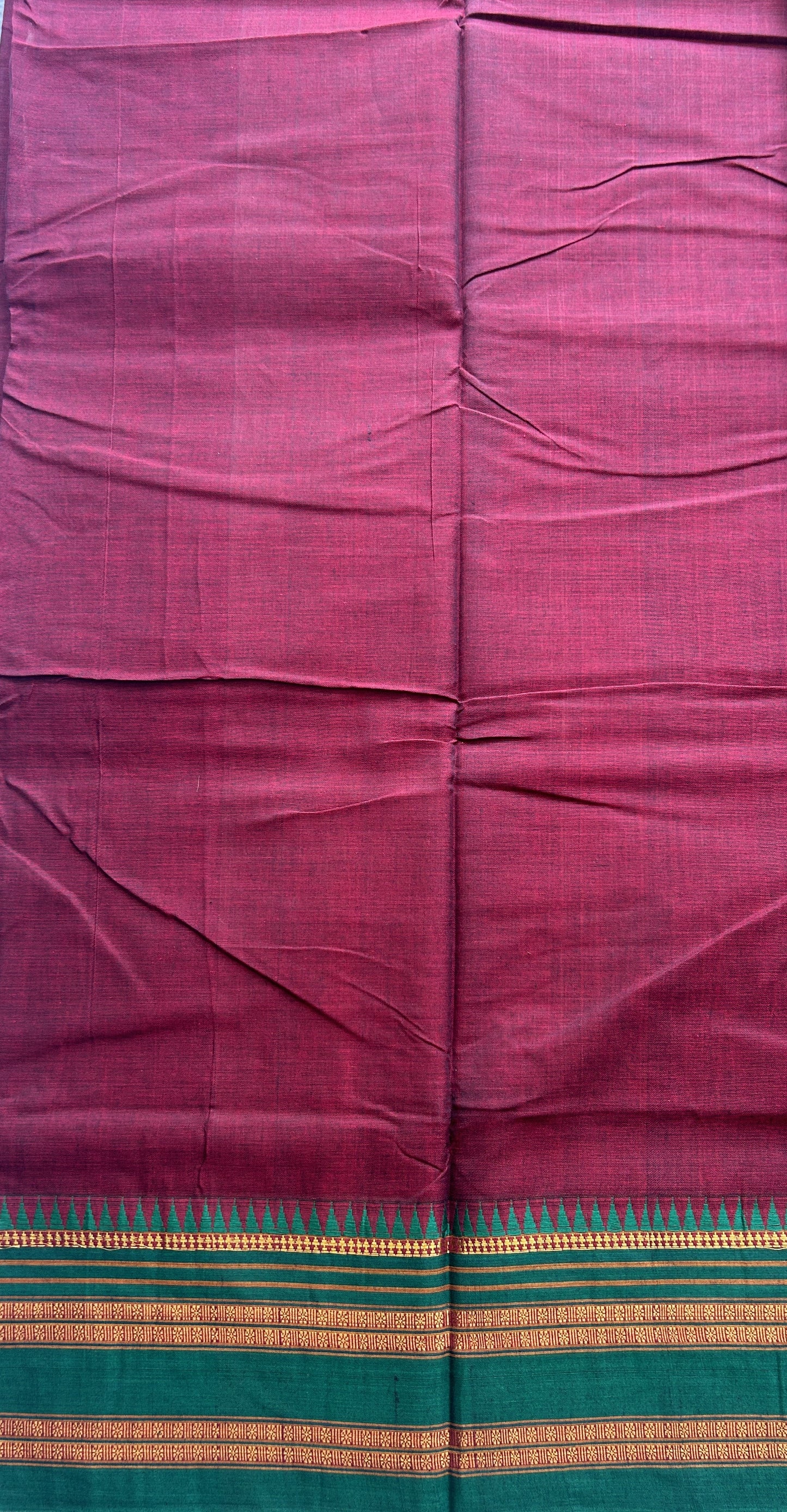 Narayanpet Cotton Saree Dark Maroon Colored Complemented with a Green Zari Gap Border. - Sampradaya Designer Studio