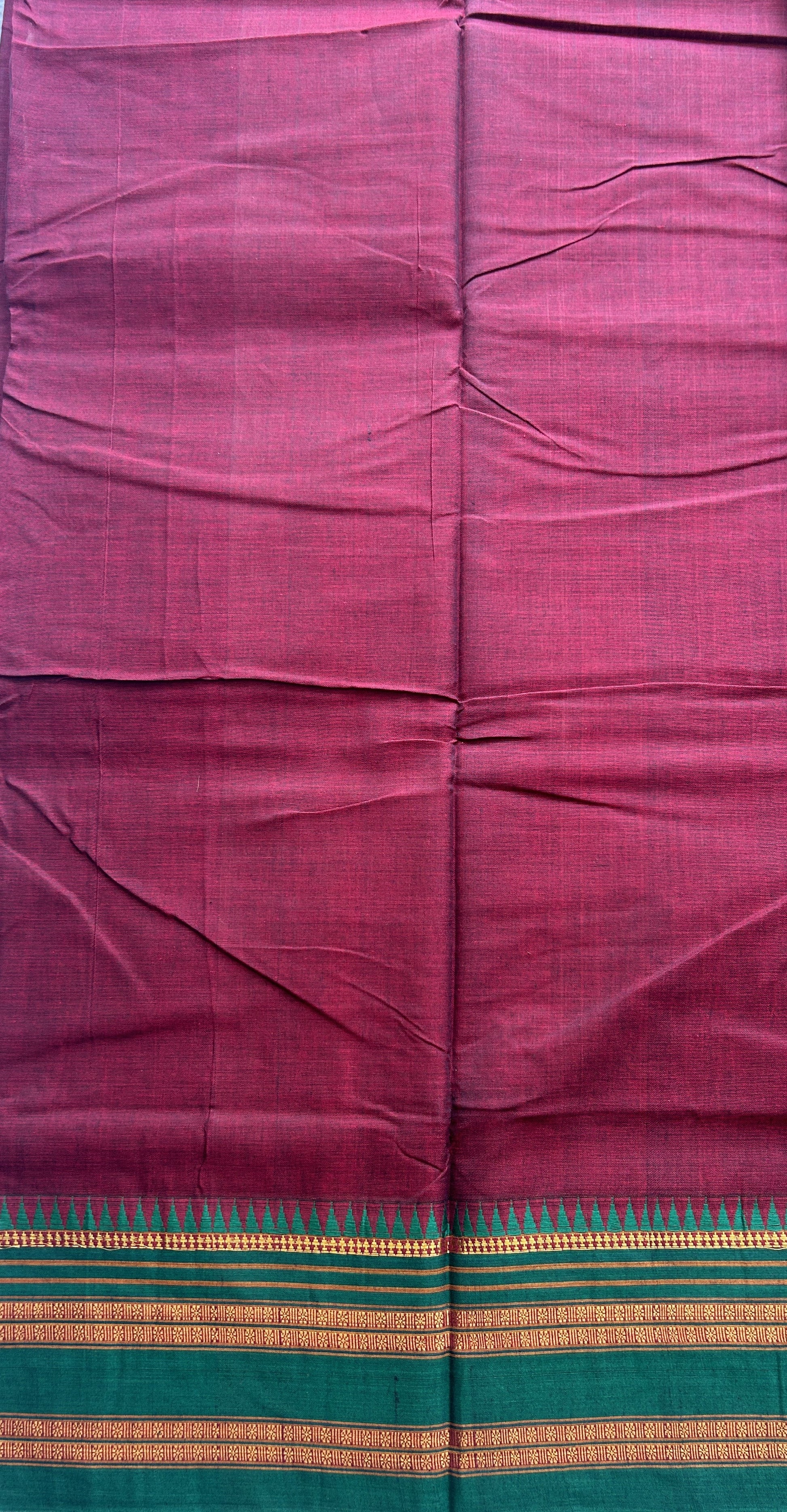 Narayanpet Cotton Saree Dark Maroon Colored Complemented with a Green Zari Gap Border. - Sampradaya Designer Studio