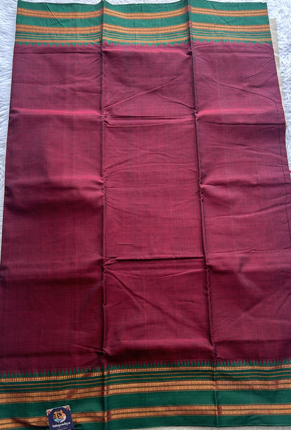 Narayanpet Cotton Saree Dark Maroon Colored Complemented with a Green Zari Gap Border. - Sampradaya Designer Studio