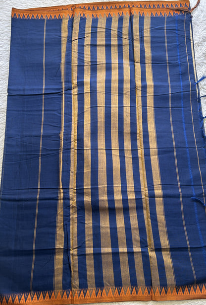 Narayanpet Cotton Saree Indigo Blue Colored Complemented with a Thread Border. - Sampradaya Designer Studio