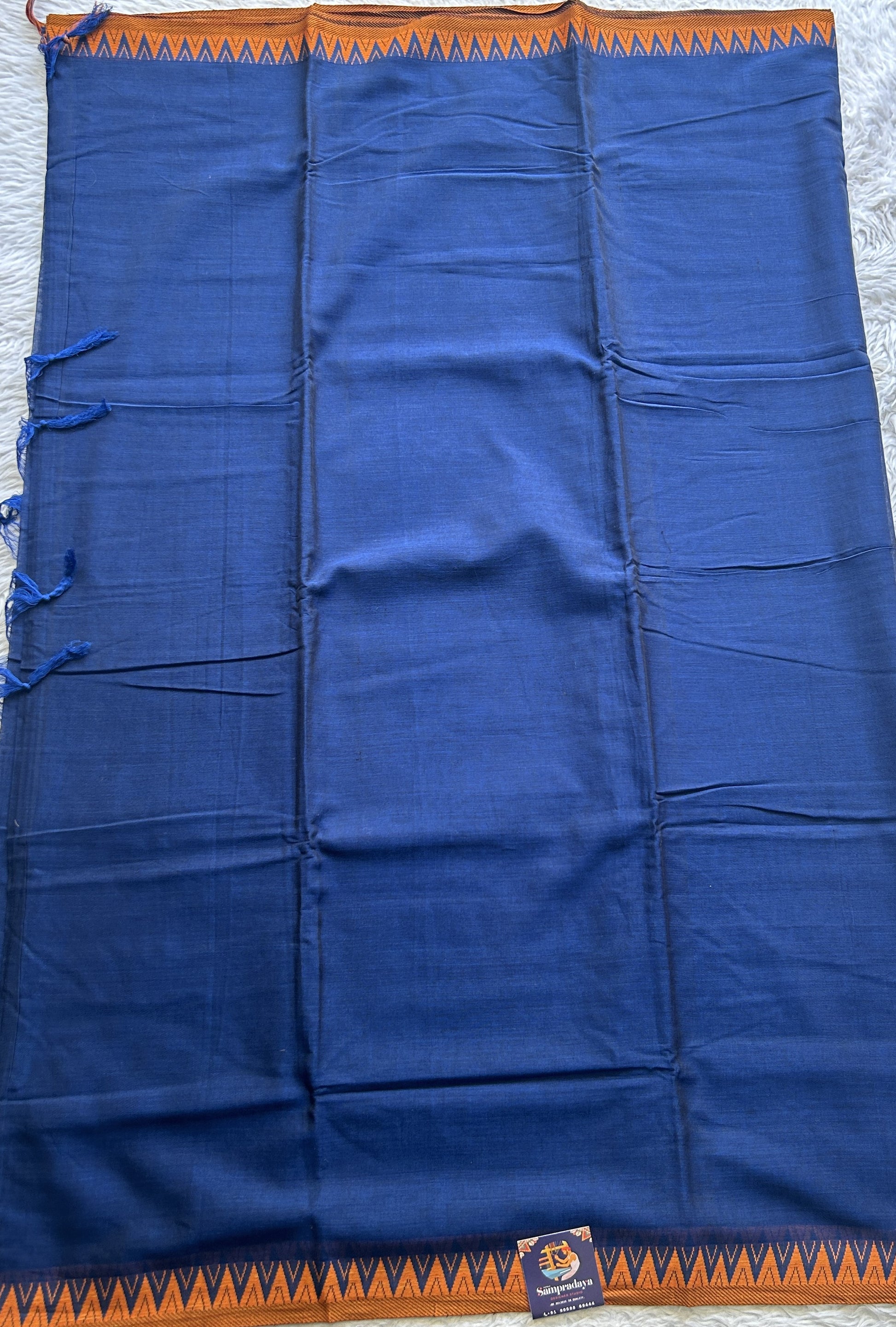 Narayanpet Cotton Saree Indigo Blue Colored Complemented with a Thread Border. - Sampradaya Designer Studio