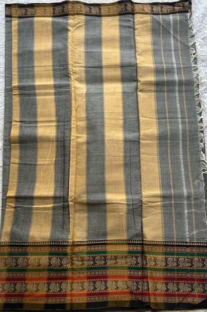 Narayanpet Cotton Saree Ash Colored Complemented with a Thread Border. - Sampradaya Designer Studio