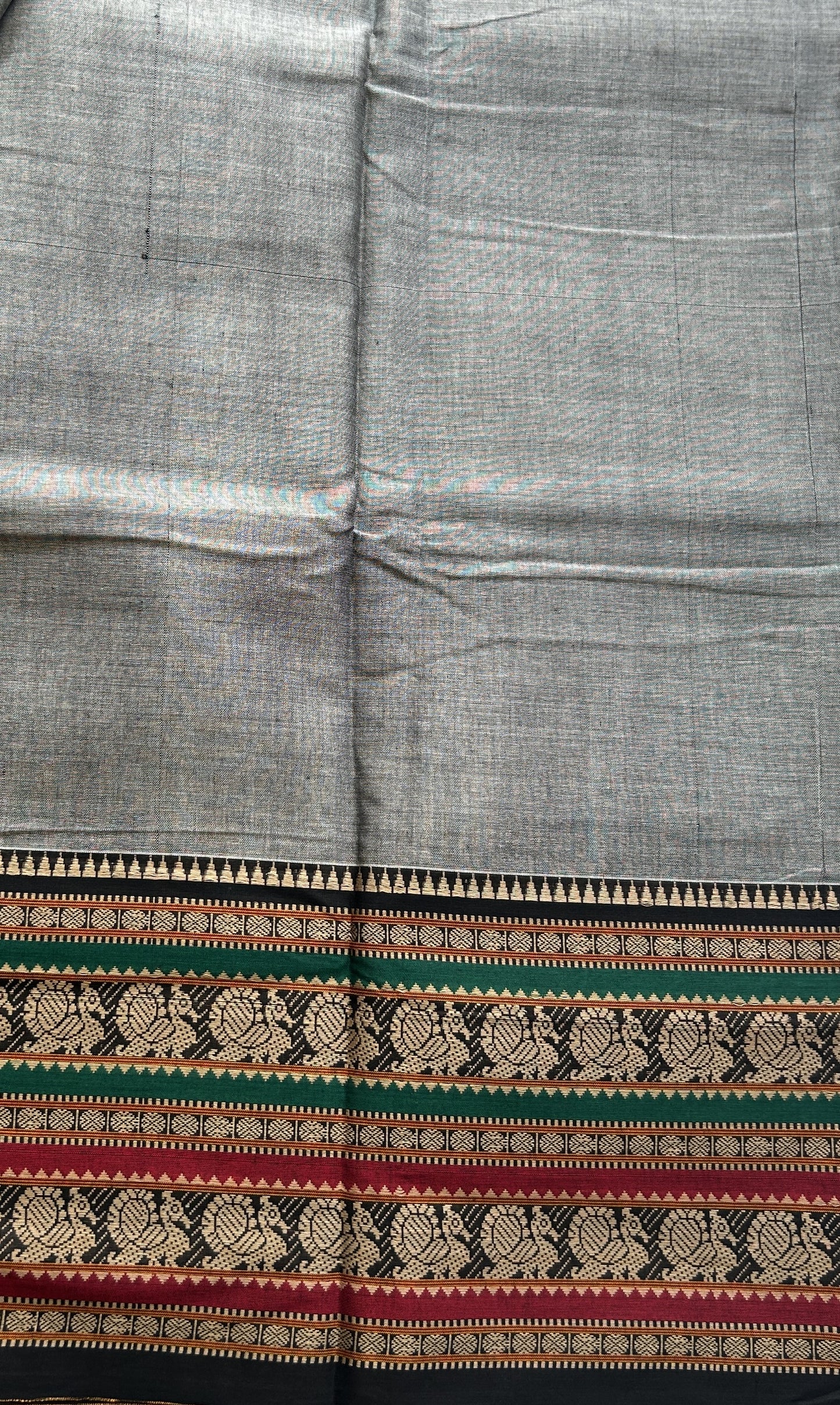 Narayanpet Cotton Saree Ash Colored Complemented with a Thread Border. - Sampradaya Designer Studio