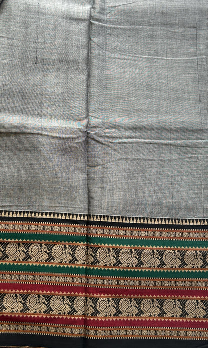 Narayanpet Cotton Saree Ash Colored Complemented with a Thread Border. - Sampradaya Designer Studio