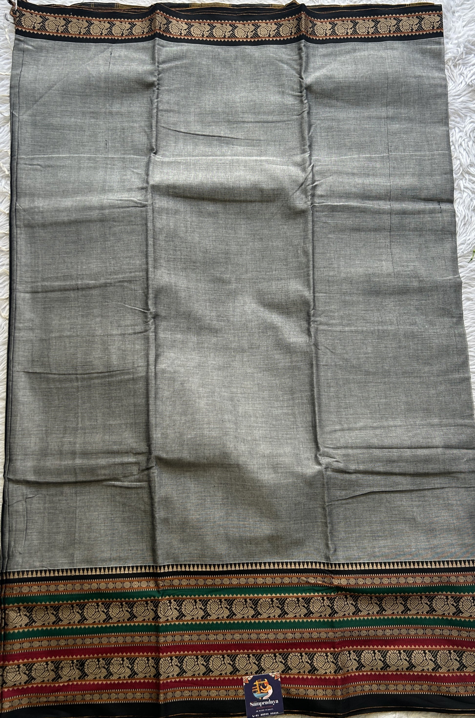 Narayanpet Cotton Saree Ash Colored Complemented with a Thread Border. - Sampradaya Designer Studio