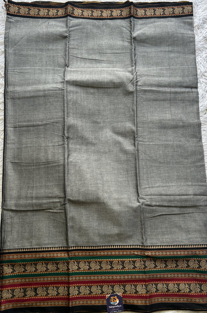 Narayanpet Cotton Saree Ash Colored Complemented with a Thread Border. - Sampradaya Designer Studio
