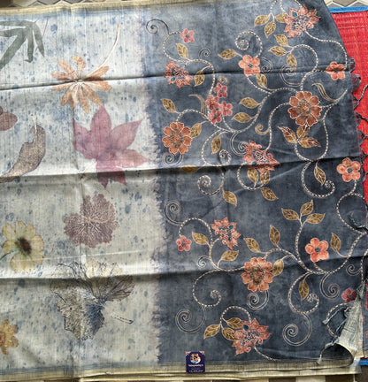 Semi Tussar Silk Saree - Bluish Gray color with Gold Zari Border - Elegant Fancy Saree for Party & Office Wear.