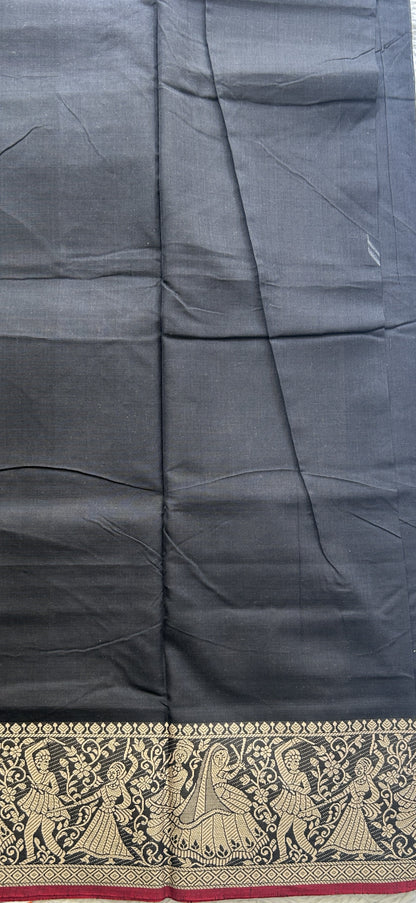 Narayanpet Cotton Saree Black Colored Complemented with a Cream Thread Border. - Sampradaya Designer Studio