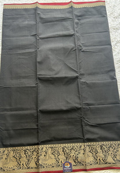Narayanpet Cotton Saree Black Colored Complemented with a Cream Thread Border. - Sampradaya Designer Studio