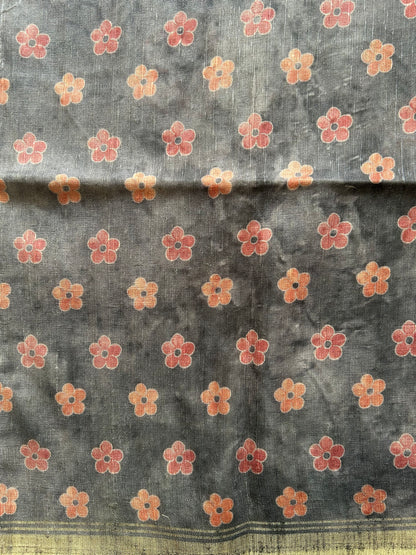 Semi Tussar Silk Saree - Gray color with Gold Zari Border - Elegant Fancy Saree for Party & Office Wear.