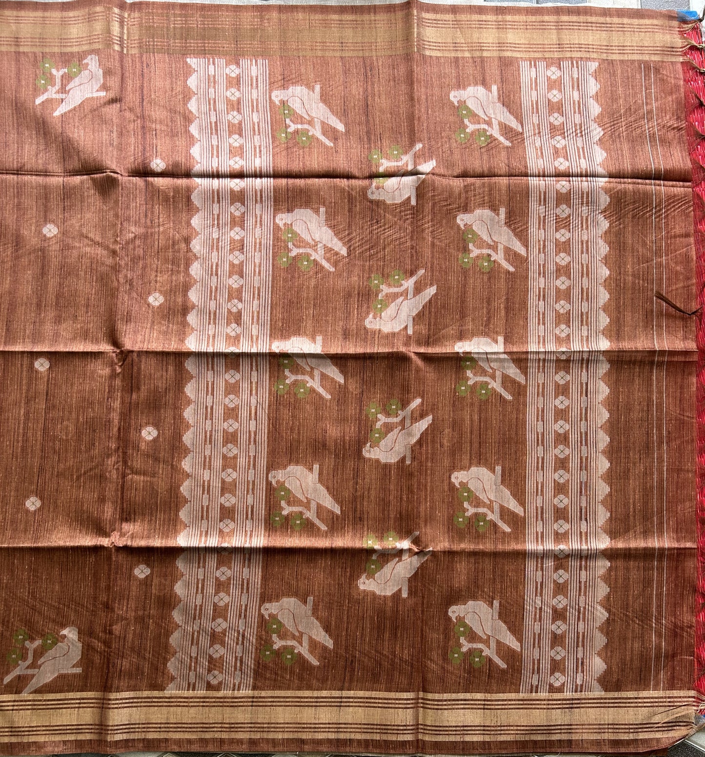Semi Tussar Silk Saree -Brown color with Gold Zari Border - Elegant Fancy Saree for Party & Office Wear.