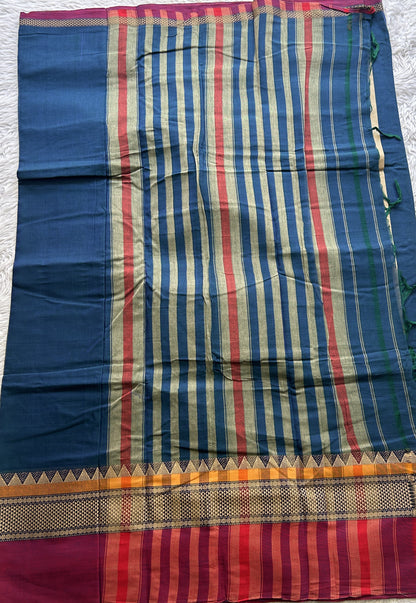 Narayanpet Cotton Saree Peacock Blue Colored Complemented with a Double Border. - Sampradaya Designer Studio