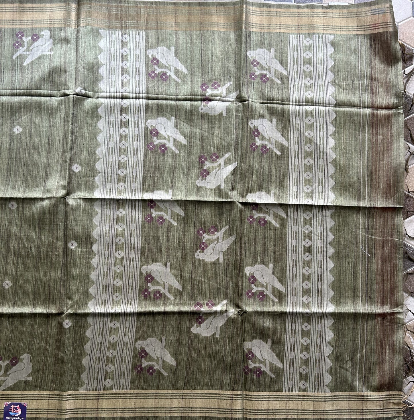 Semi Tussar Silk Saree -Olive color with Gold Zari Border - Elegant Fancy Saree for Party & Office Wear.