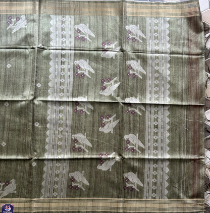 Semi Tussar Silk Saree -Olive color with Gold Zari Border - Elegant Fancy Saree for Party & Office Wear.