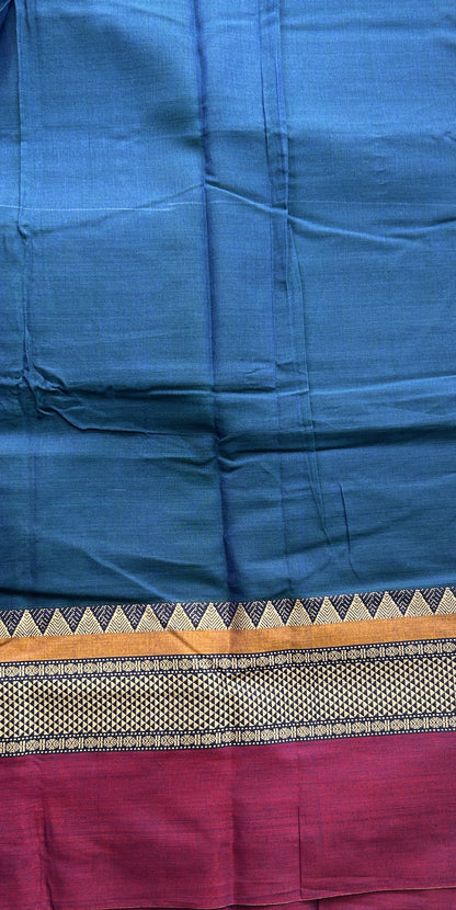 Narayanpet Cotton Saree Peacock Blue Colored Complemented with a Double Border. - Sampradaya Designer Studio