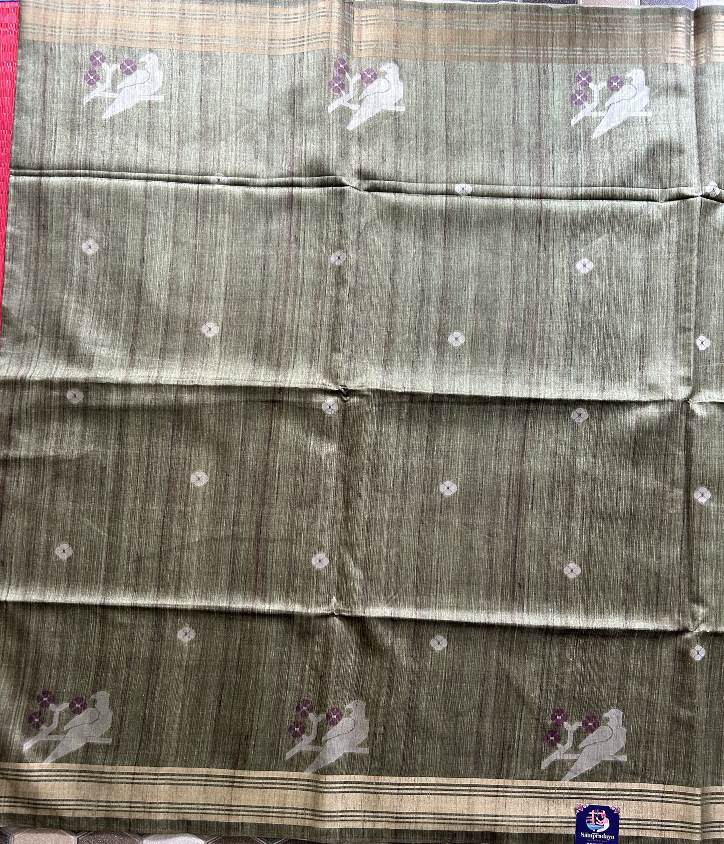 Semi Tussar Silk Saree -Olive color with Gold Zari Border - Elegant Fancy Saree for Party & Office Wear.
