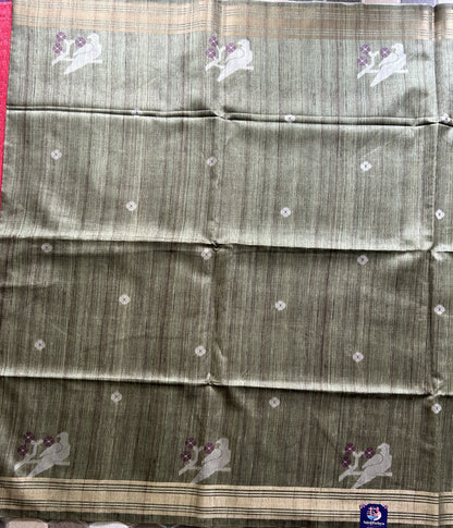 Semi Tussar Silk Saree -Olive color with Gold Zari Border - Elegant Fancy Saree for Party & Office Wear.