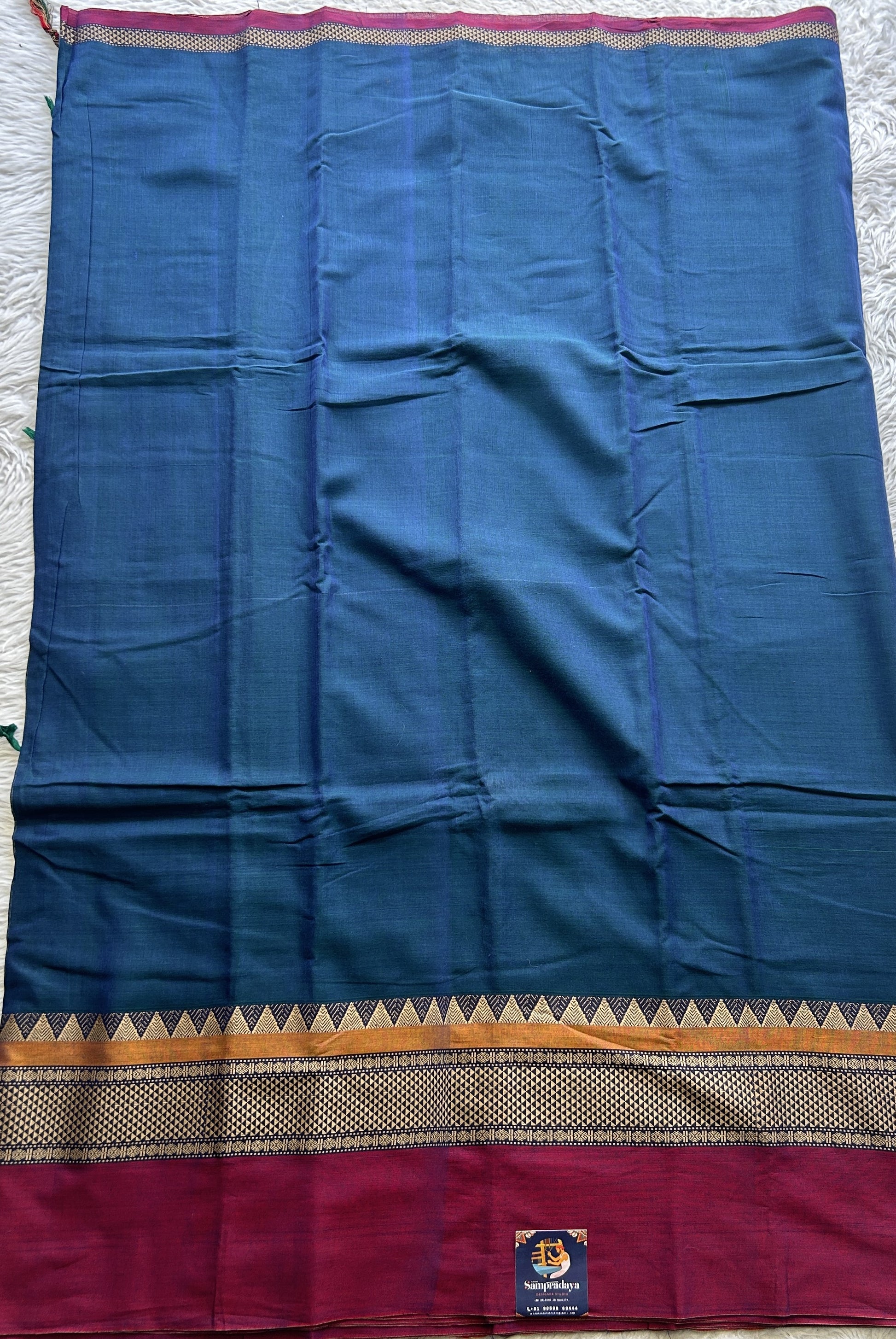 Narayanpet Cotton Saree Peacock Blue Colored Complemented with a Double Border. - Sampradaya Designer Studio