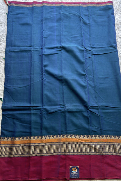 Narayanpet Cotton Saree Peacock Blue Colored Complemented with a Double Border. - Sampradaya Designer Studio
