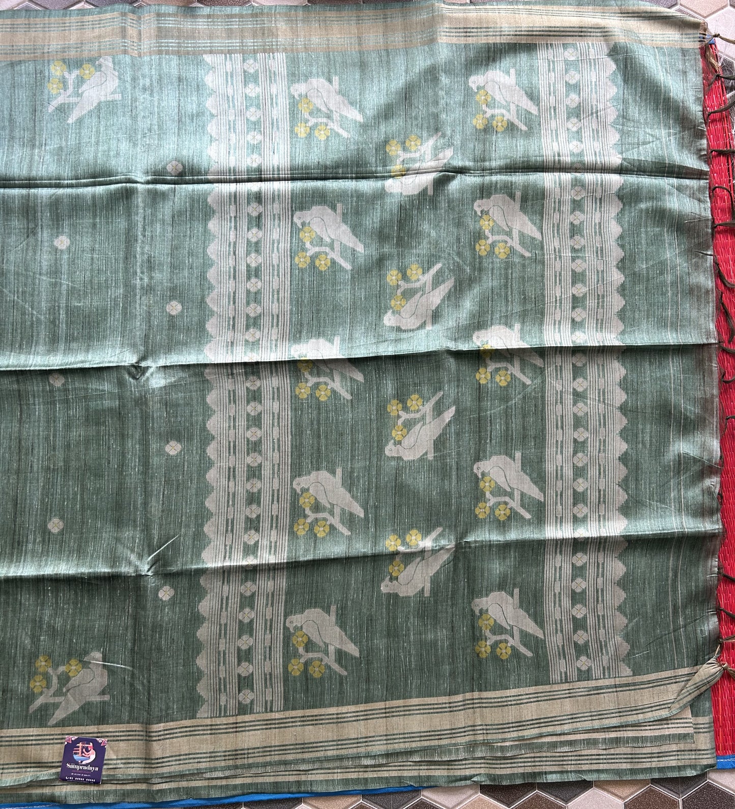Semi Tussar Silk Saree -Green color with Gold Zari Border - Elegant Fancy Saree for Party & Office Wear.