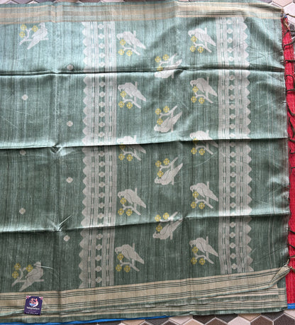 Semi Tussar Silk Saree -Green color with Gold Zari Border - Elegant Fancy Saree for Party & Office Wear.
