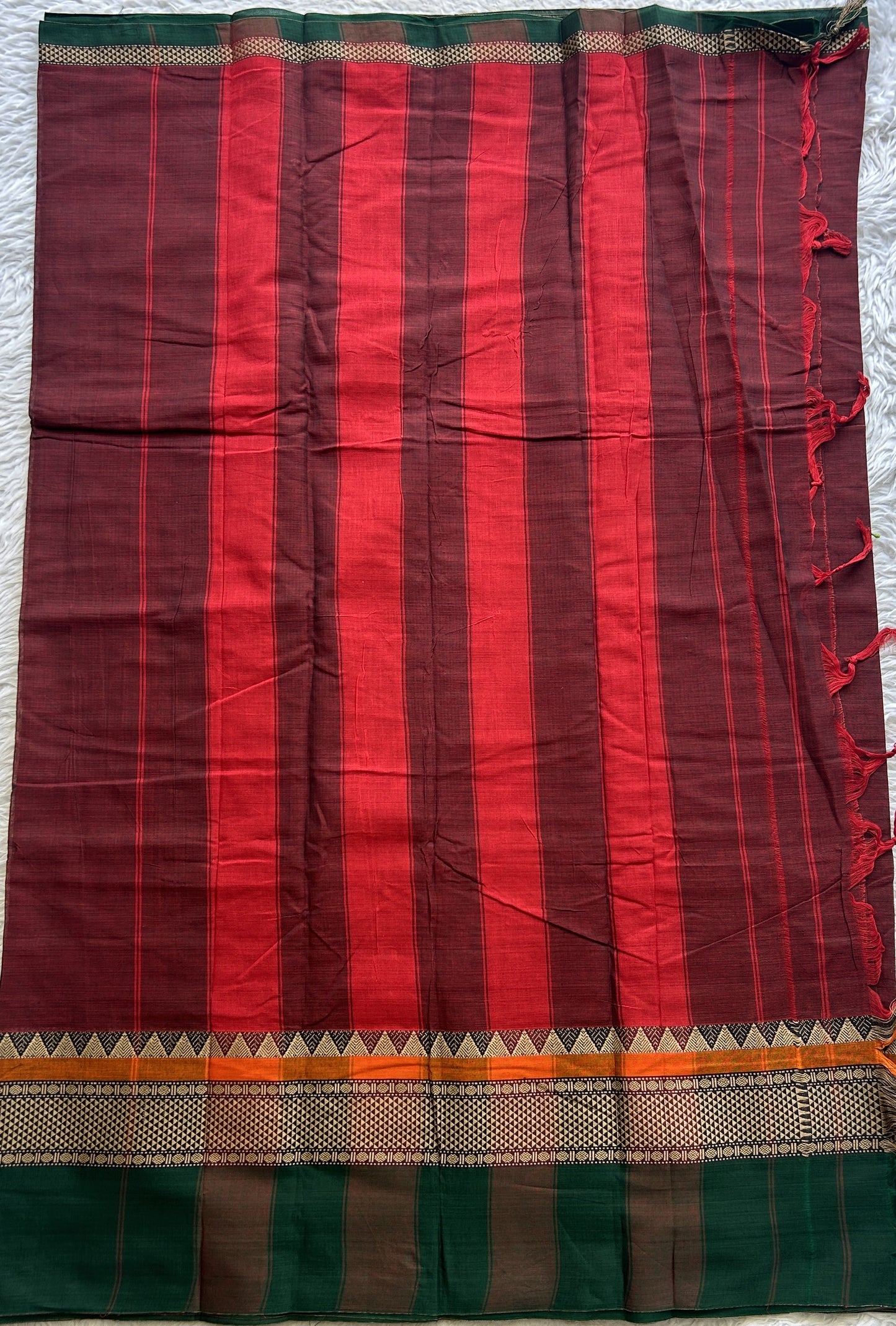 Narayanpet Cotton Saree Dark Maroon Colored Complemented with a Double Border. - Sampradaya Designer Studio