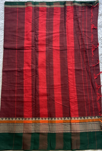 Narayanpet Cotton Saree Dark Maroon Colored Complemented with a Double Border. - Sampradaya Designer Studio