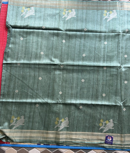 Semi Tussar Silk Saree -Green color with Gold Zari Border - Elegant Fancy Saree for Party & Office Wear.