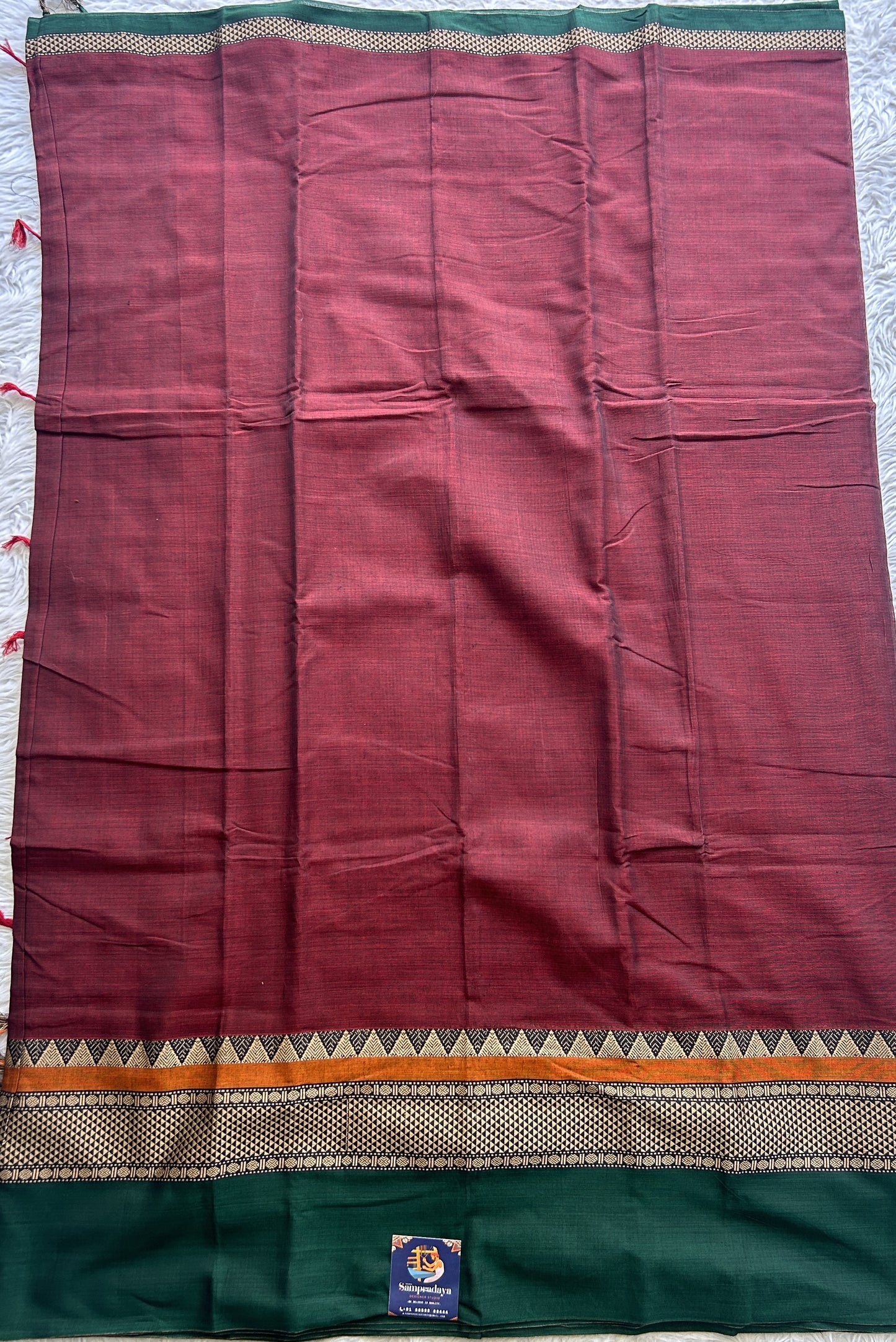Narayanpet Cotton Saree Dark Maroon Colored Complemented with a Double Border. - Sampradaya Designer Studio