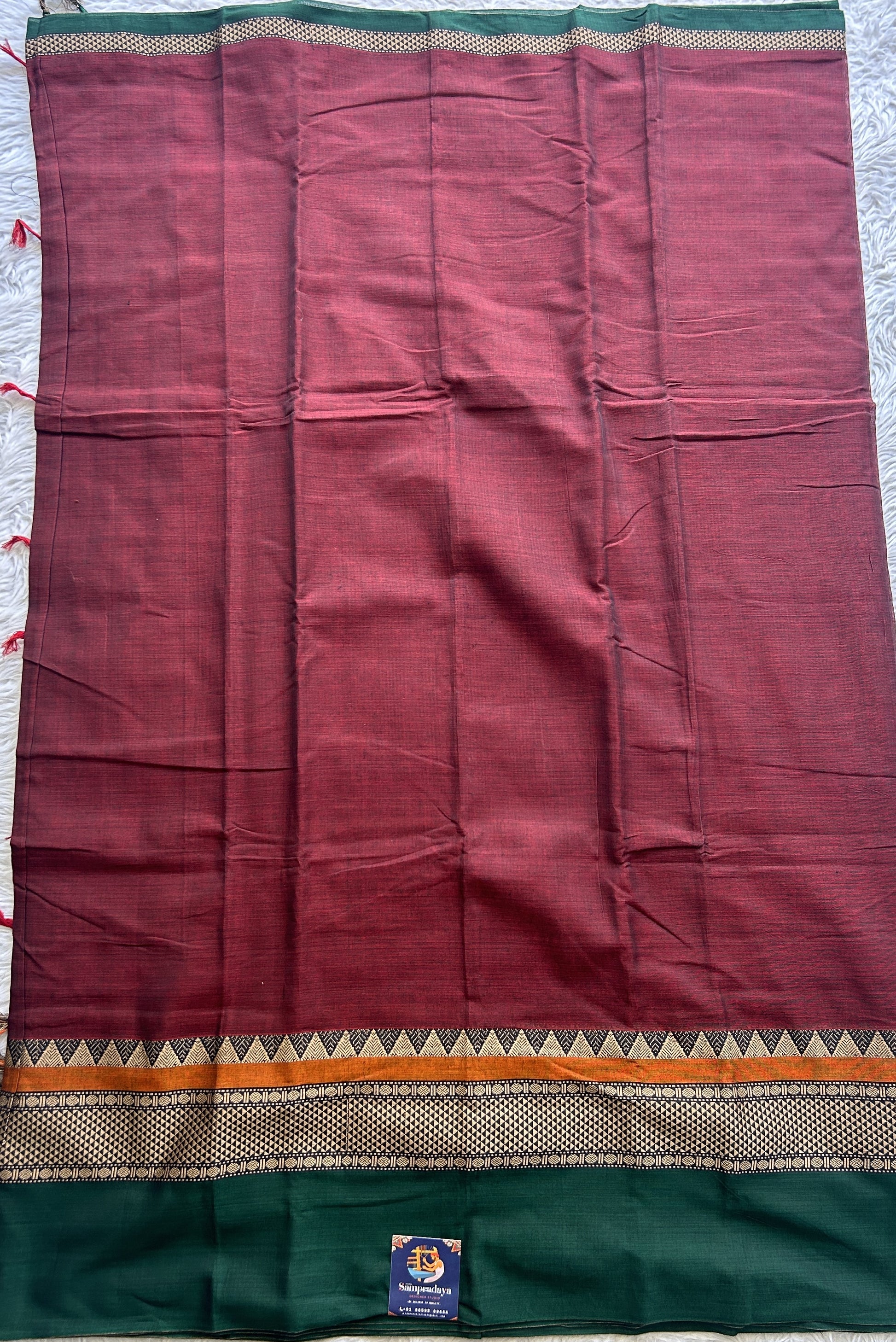 Narayanpet Cotton Saree Dark Maroon Colored Complemented with a Double Border. - Sampradaya Designer Studio