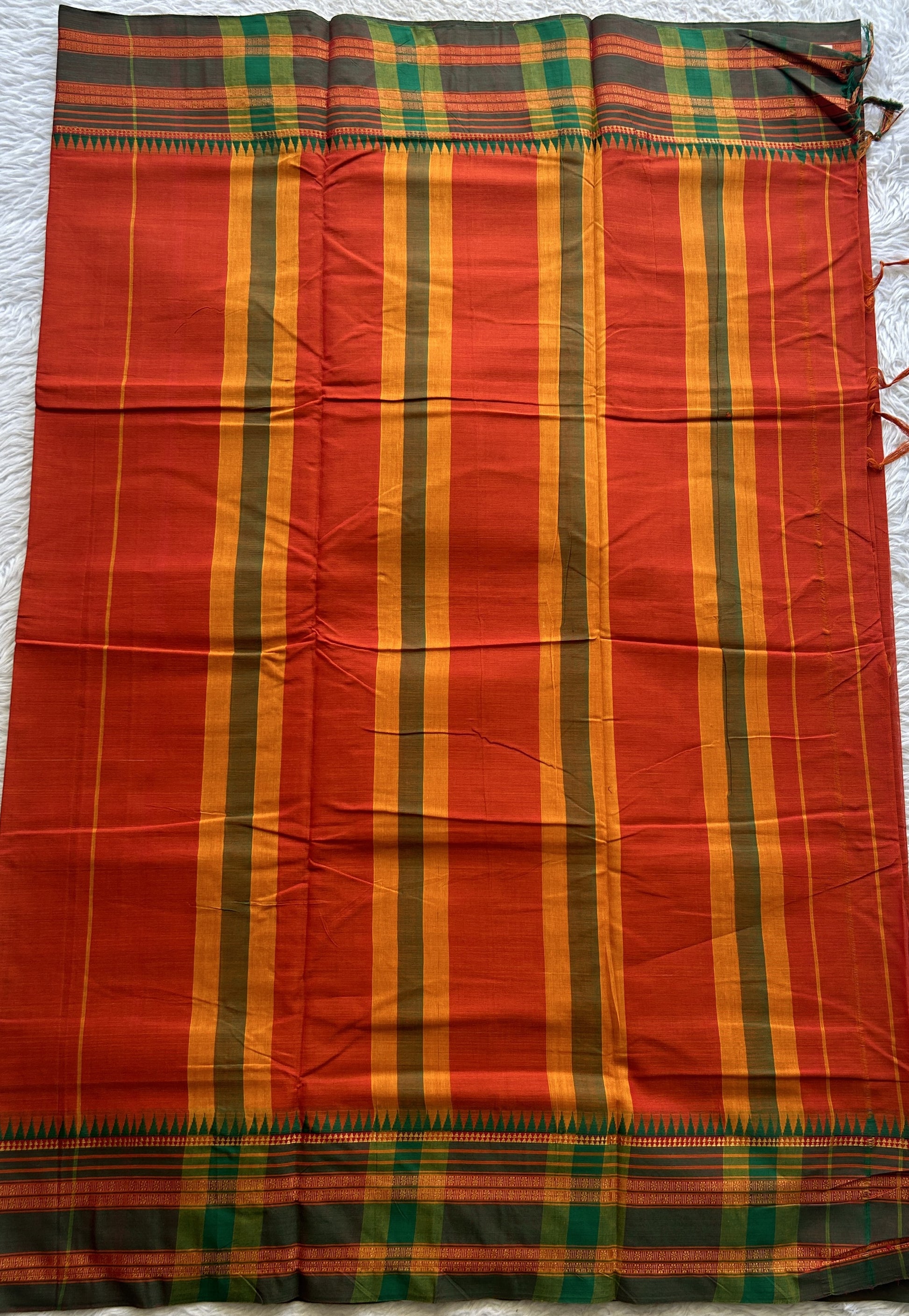 Narayanpet Cotton Saree Dark Orange Colored Complemented with a Thread Border. - Sampradaya Designer Studio