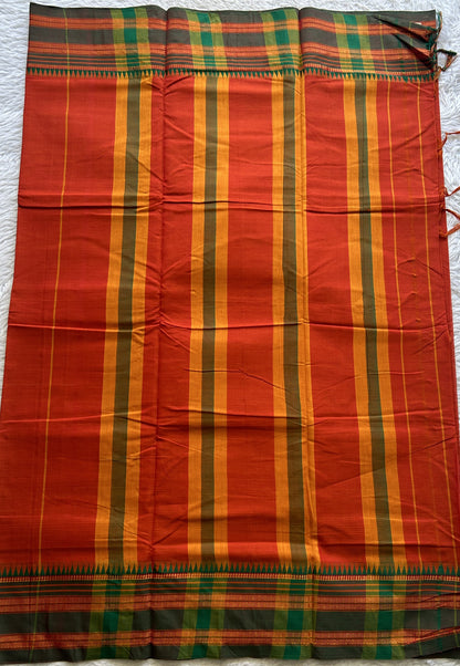 Narayanpet Cotton Saree Dark Orange Colored Complemented with a Thread Border. - Sampradaya Designer Studio