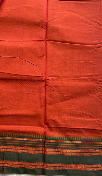 Narayanpet Cotton Saree Dark Orange Colored Complemented with a Thread Border. - Sampradaya Designer Studio