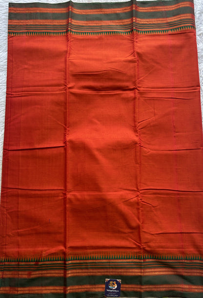 Narayanpet Cotton Saree Dark Orange Colored Complemented with a Thread Border. - Sampradaya Designer Studio
