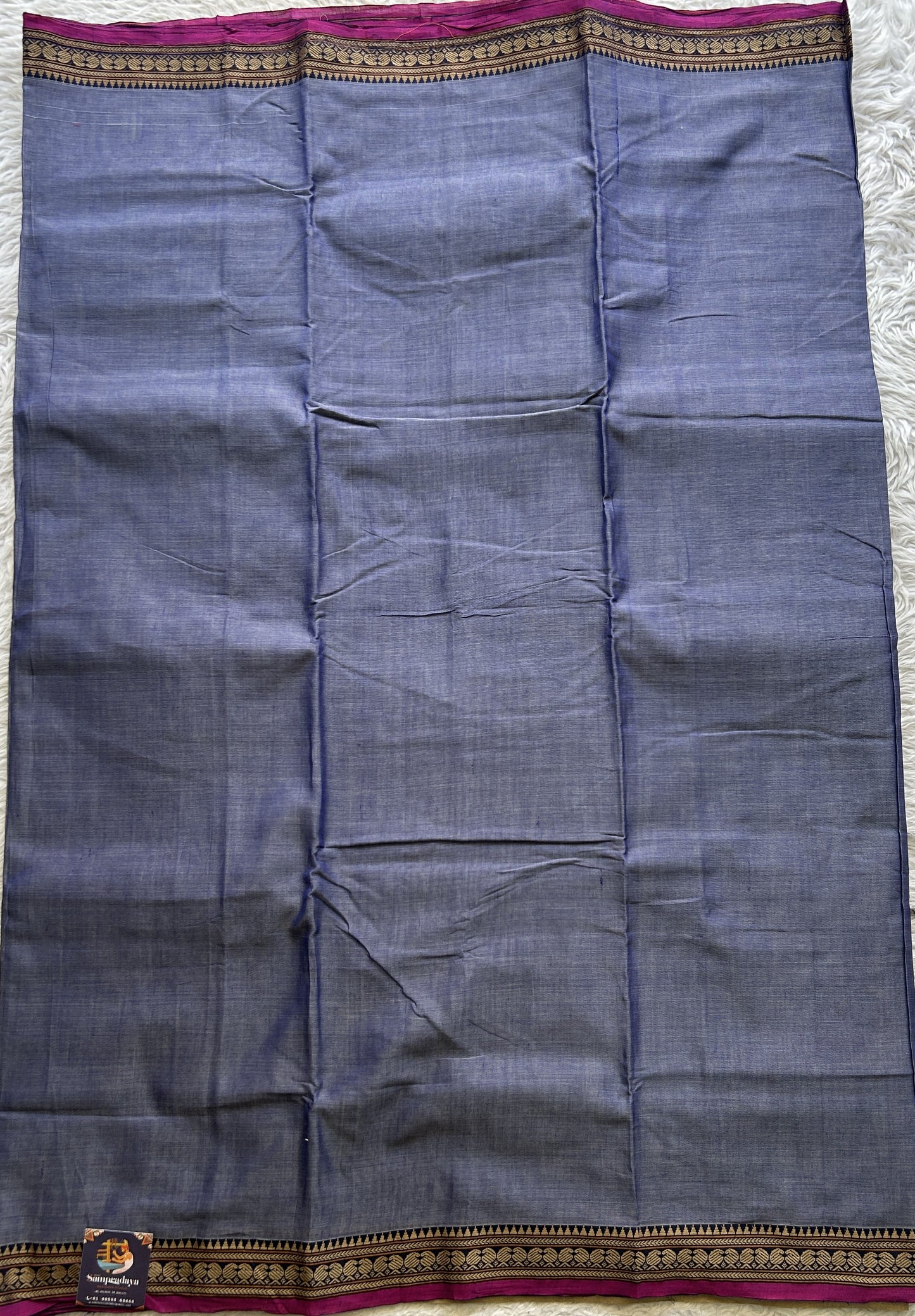 Narayanpet Cotton Saree Ink Blue Colored Complemented with a Navy Blue Thread Border. - Sampradaya Designer Studio