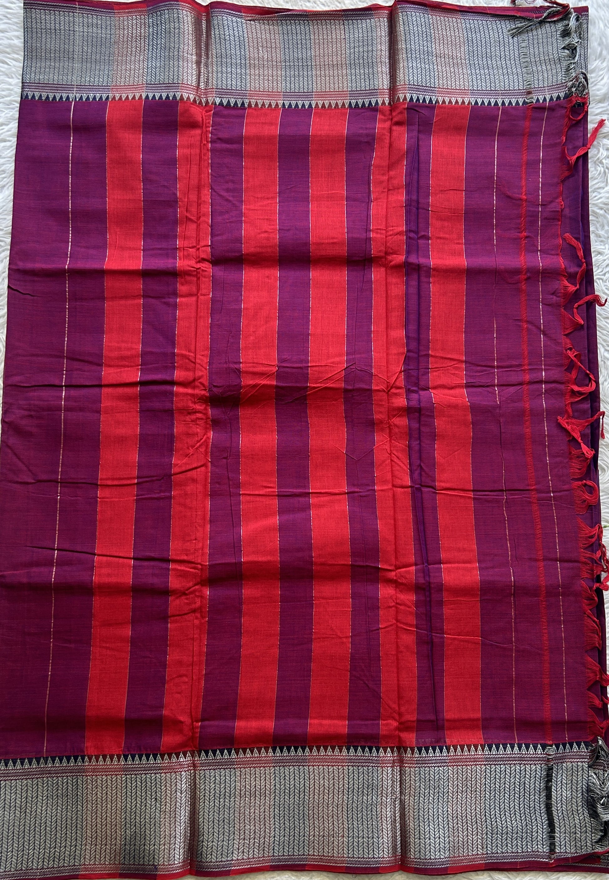 Narayanpet Cotton Saree Dark Purple Colored Complemented with a Navy Blue Thread Border. - Sampradaya Designer Studio