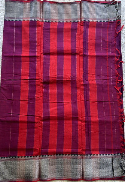 Narayanpet Cotton Saree Dark Purple Colored Complemented with a Navy Blue Thread Border. - Sampradaya Designer Studio