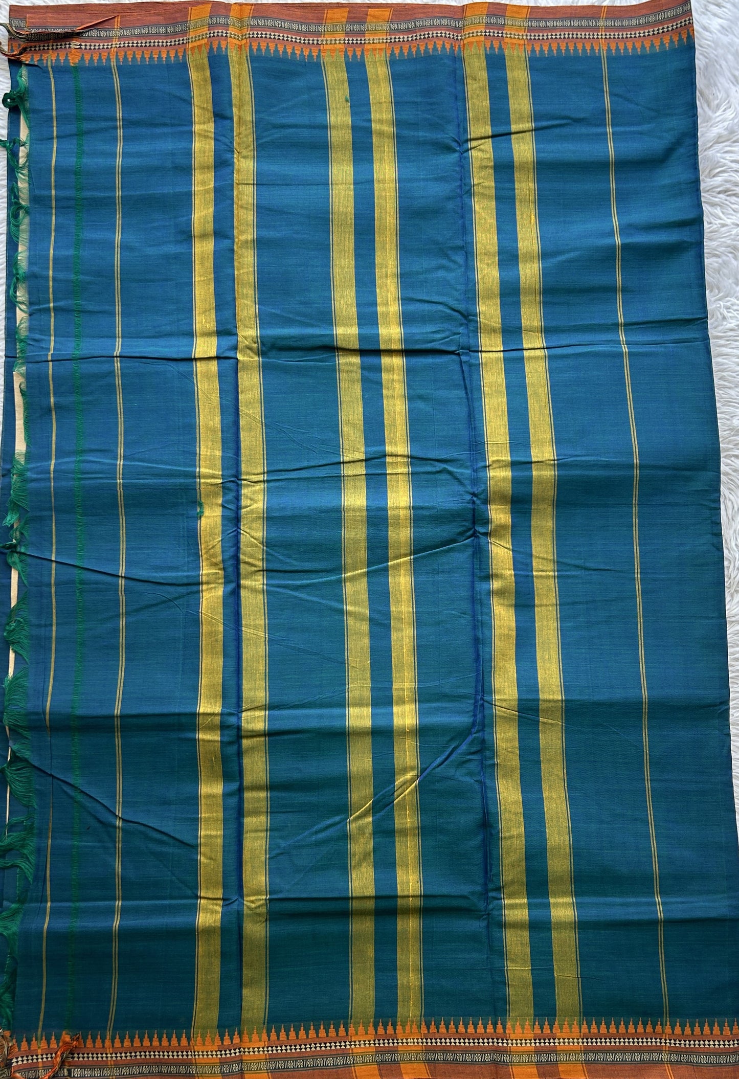 Narayanpet Cotton Saree Peacock Blue Colored Complemented with a Orange Thread Border. - Sampradaya Designer Studio
