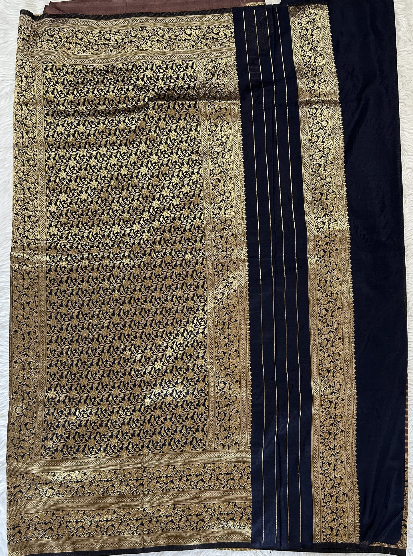 Banarasi Fancy Saree Rust Colored Complemented with a Navy Blue Zari Border. - Sampradaya Designer Studio