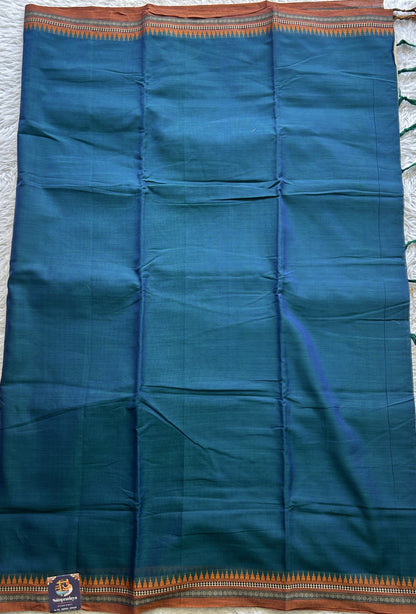 Narayanpet Cotton Saree Peacock Blue Colored Complemented with a Orange Thread Border. - Sampradaya Designer Studio