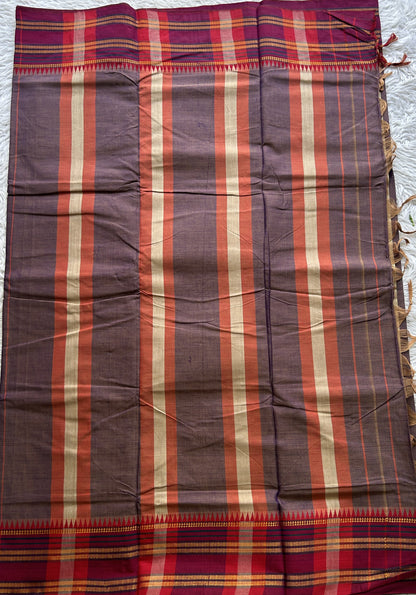 Narayanpet Cotton Saree Dark Lavender Colored Complemented with a Pink Gap Border. - Sampradaya Designer Studio
