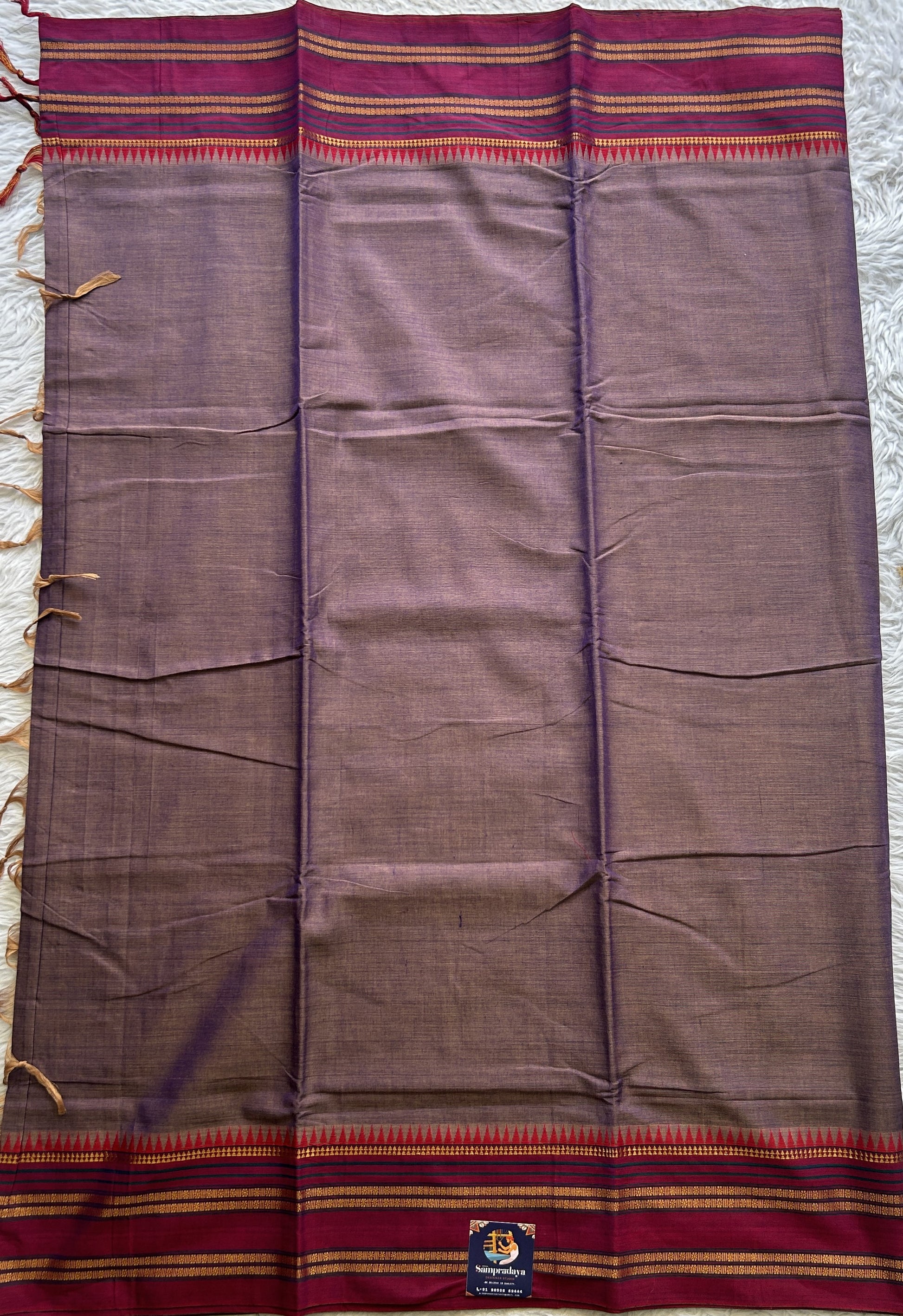 Narayanpet Cotton Saree Dark Lavender Colored Complemented with a Pink Gap Border. - Sampradaya Designer Studio