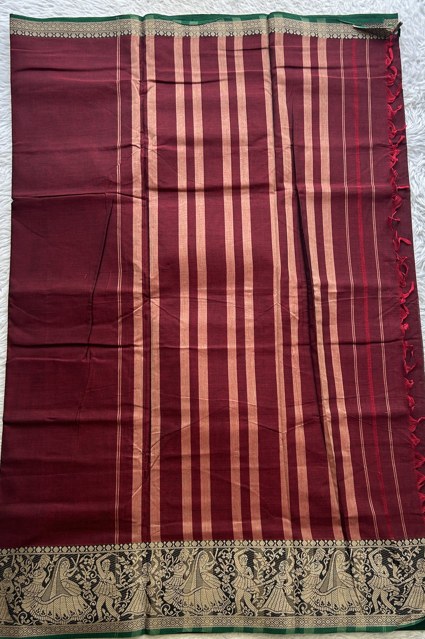 Narayanpet Cotton Saree Maroon Colored Complemented with a Black Thread Border. - Sampradaya Designer Studio