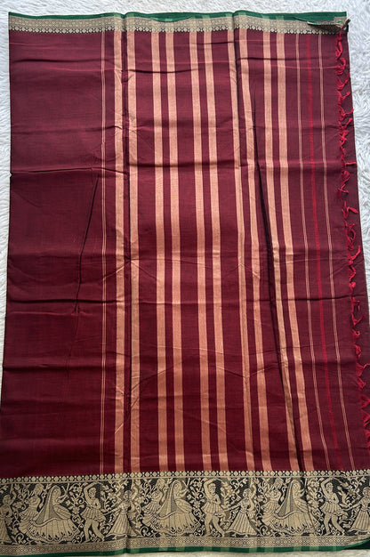 Narayanpet Cotton Saree Maroon Colored Complemented with a Black Thread Border. - Sampradaya Designer Studio