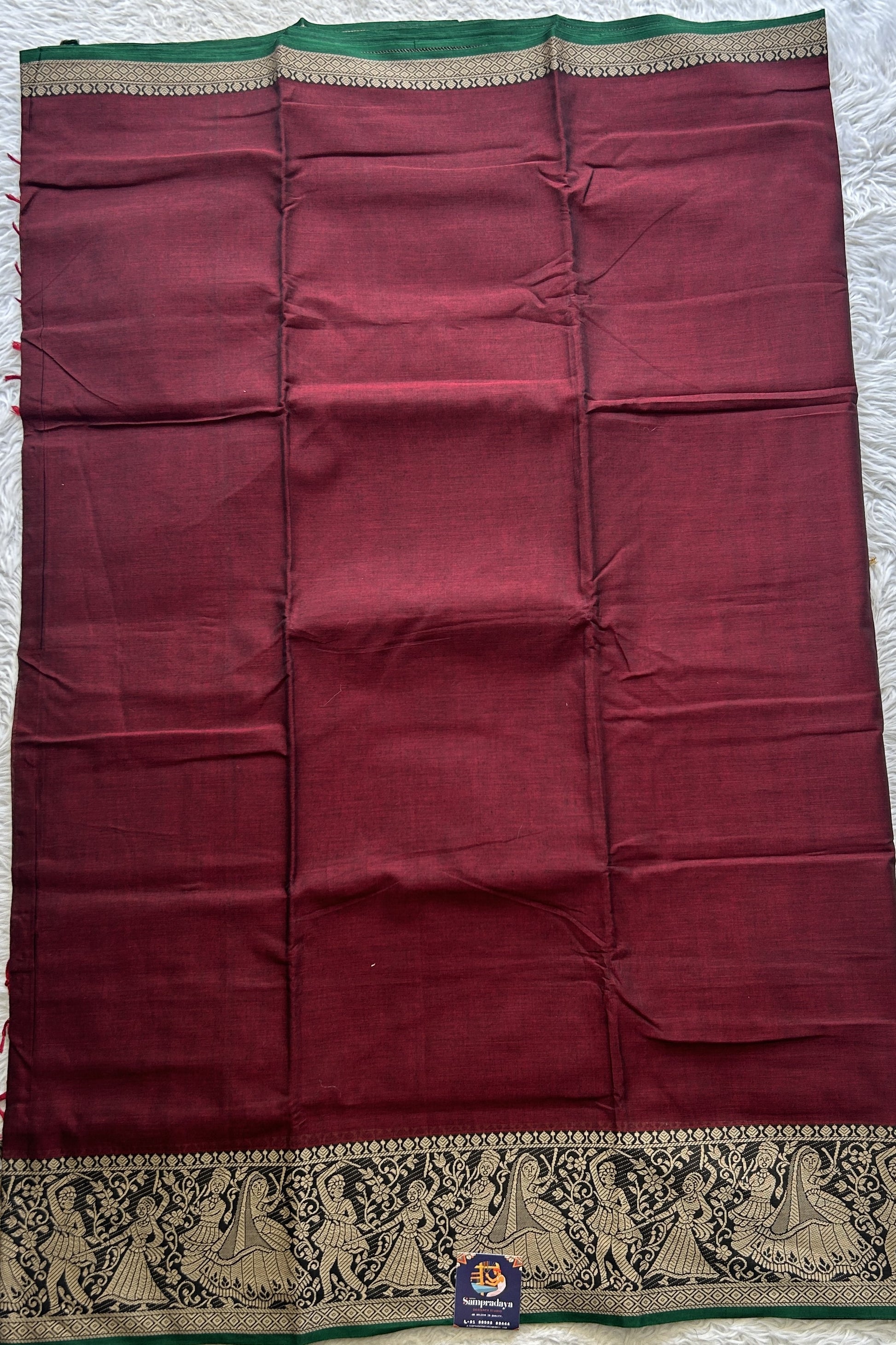 Narayanpet Cotton Saree Maroon Colored Complemented with a Black Thread Border. - Sampradaya Designer Studio