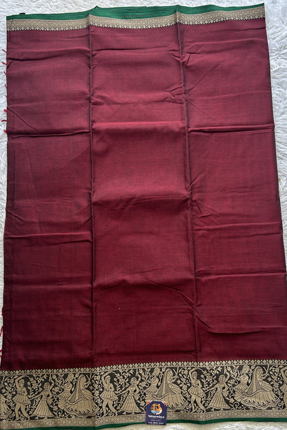 Narayanpet Cotton Saree Maroon Colored Complemented with a Black Thread Border. - Sampradaya Designer Studio