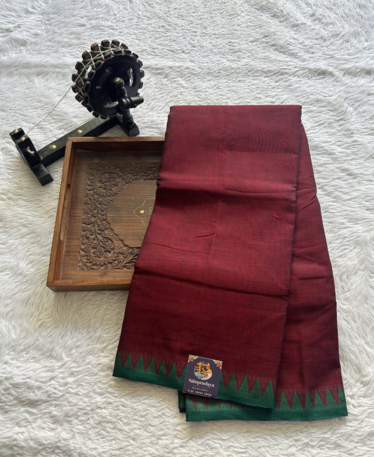 Narayanpet Cotton Saree Dark Maroon Colored Complemented with a Green Thread Border. - Sampradaya Designer Studio