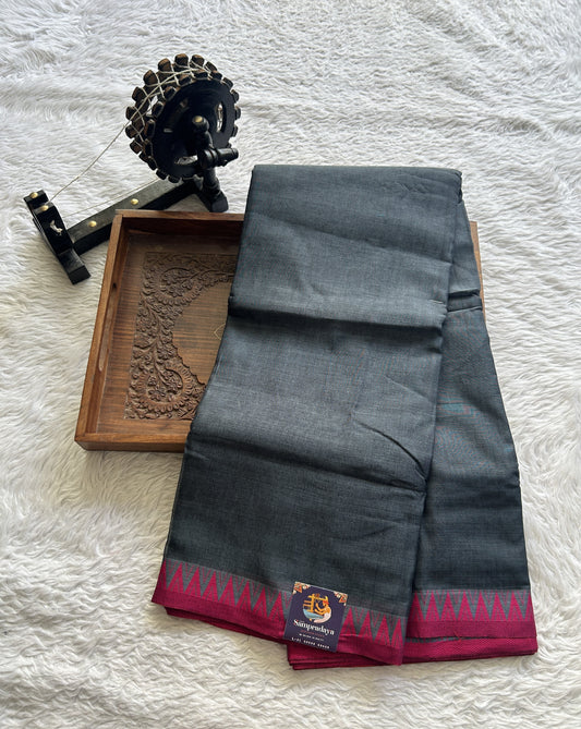 Narayanpet Cotton Saree Elephant Gray Colored Complemented with a Thread Border. - Sampradaya Designer Studio