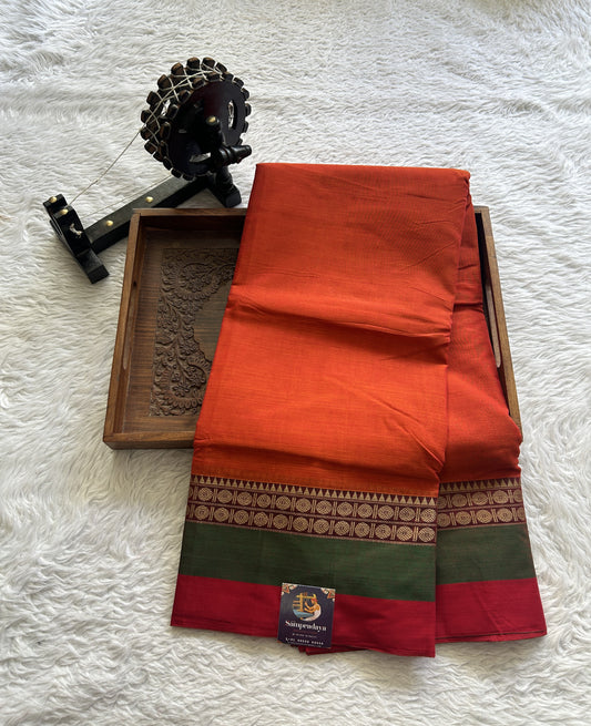 Narayanpet Cotton Saree Orange Colored Complemented with a Double Border. - Sampradaya Designer Studio
