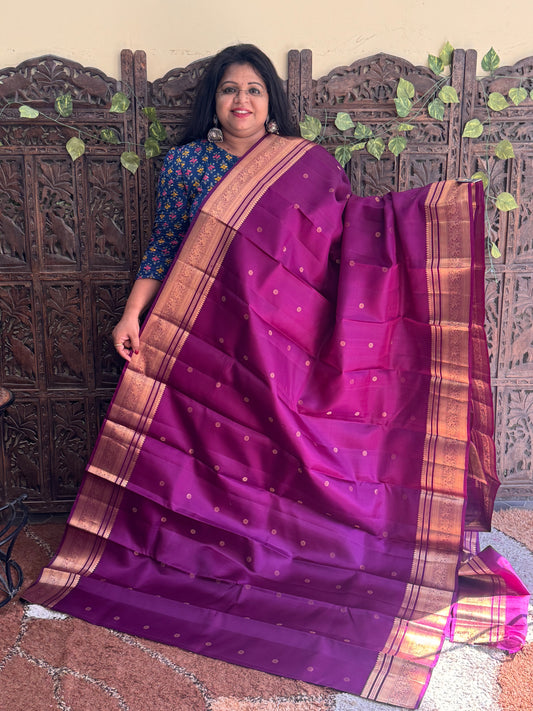 Pure Kanjivaram Silk Saree | Purple With Gold Zari Border | Handloom | Silk Mark Certified
